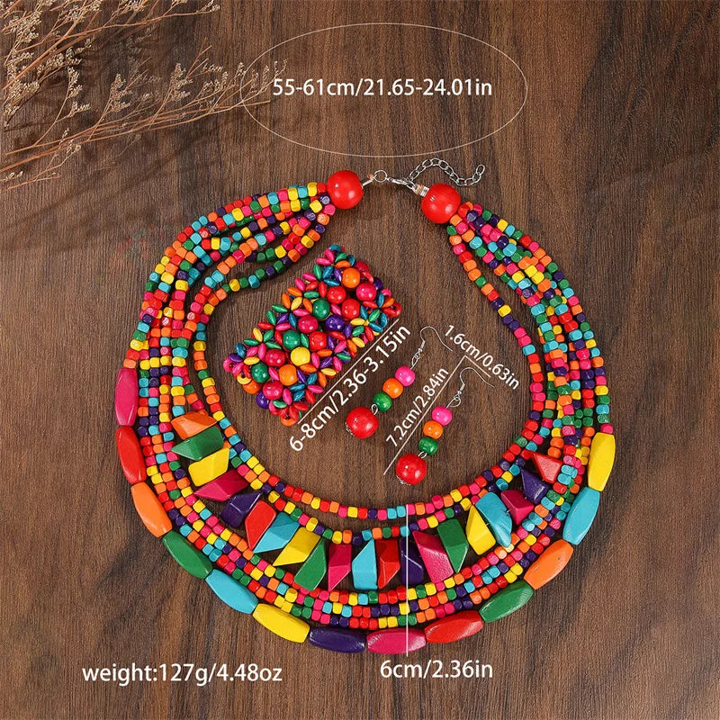 Boho Multilayer Wood Necklace & Earrings Set – Colorful Beads Jewelry