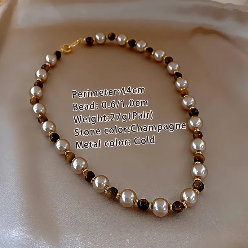 Natural Tiger’s-Eye Pearl Bead Necklace