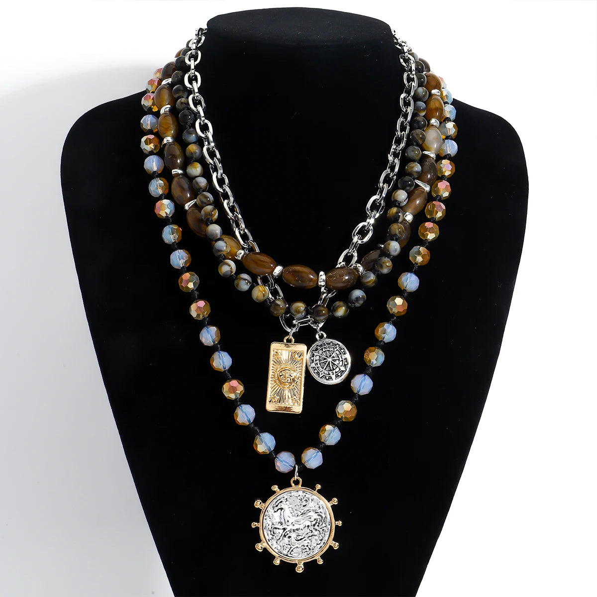 Multilayer Beads & Coin Pendant Necklace