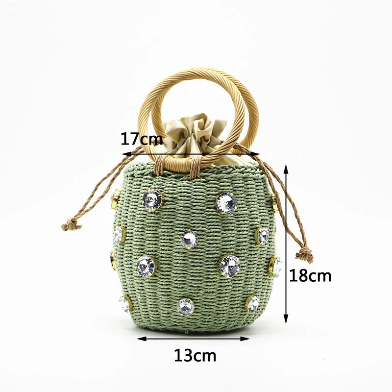 Handmade Rhinestone Crystal Straw Bucket Bag