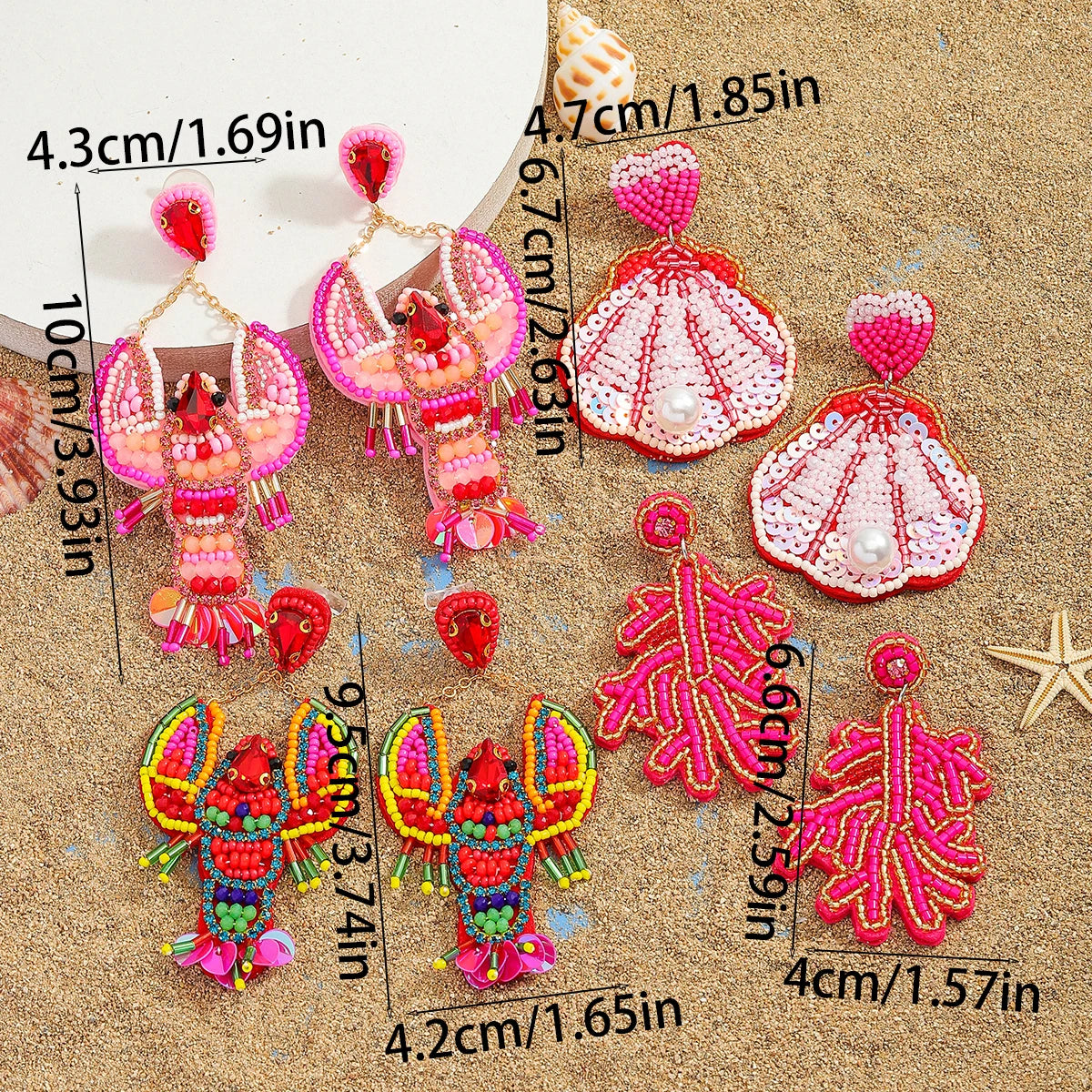 Sea Charm – Handmade Lobster & Coral Dangle Earrings with Beads, Pearls & Sequins