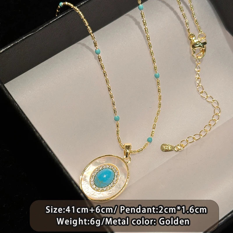 Turquoise Shell Pendant Gold Chain Necklace