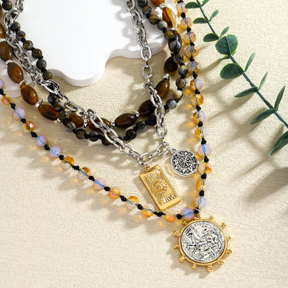 Multilayer Beads & Coin Pendant Necklace
