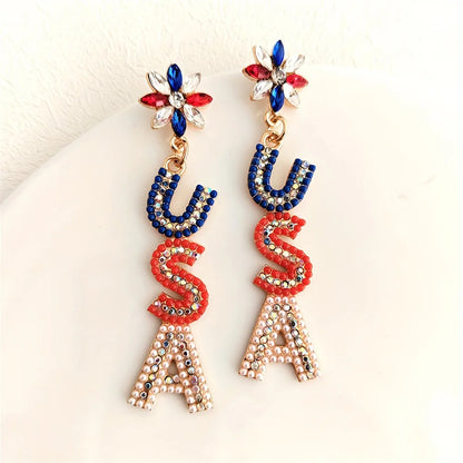 Stars & Stripes Bloom – Zircon & Rice Bead Dangle Earrings