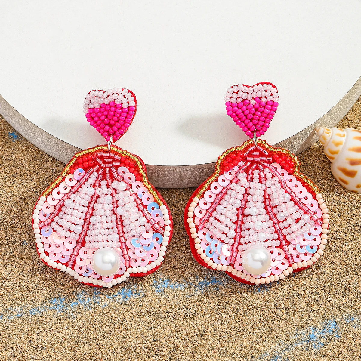 Sea Charm – Handmade Lobster & Coral Dangle Earrings with Beads, Pearls & Sequins