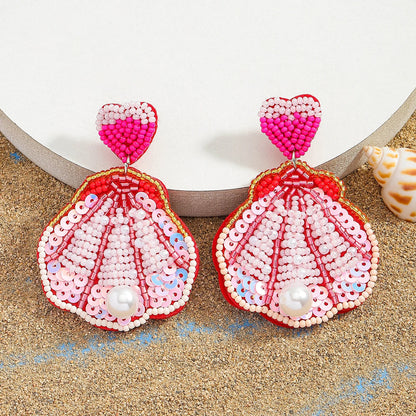 Sea Charm – Handmade Lobster & Coral Dangle Earrings with Beads, Pearls & Sequins