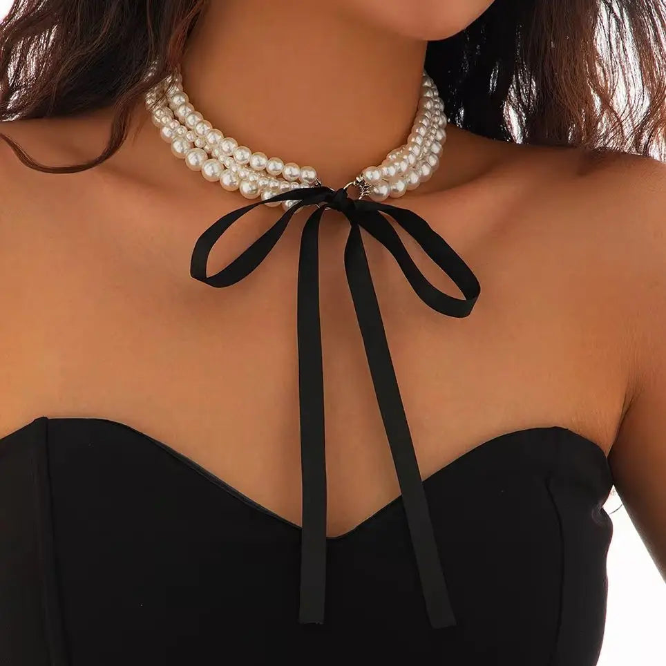 Multilayer Imitation Pearl Chain Necklace with Velvet Ribbon Bow