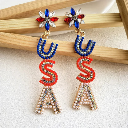 Stars & Stripes Bloom – Zircon & Rice Bead Dangle Earrings