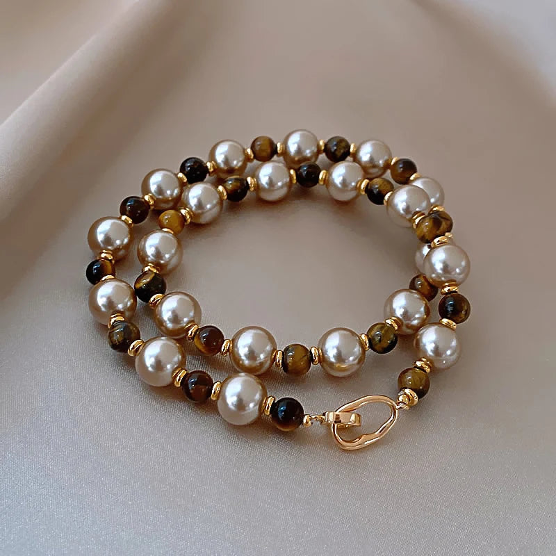 Natural Tiger’s-Eye Pearl Bead Necklace