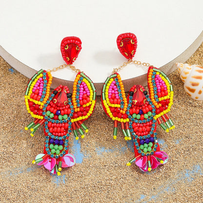 Sea Charm – Handmade Lobster & Coral Dangle Earrings with Beads, Pearls & Sequins