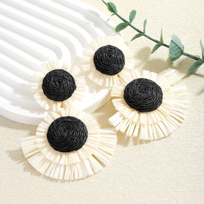 Tropical Bloom – Woven Raffia Flower Drop Earrings