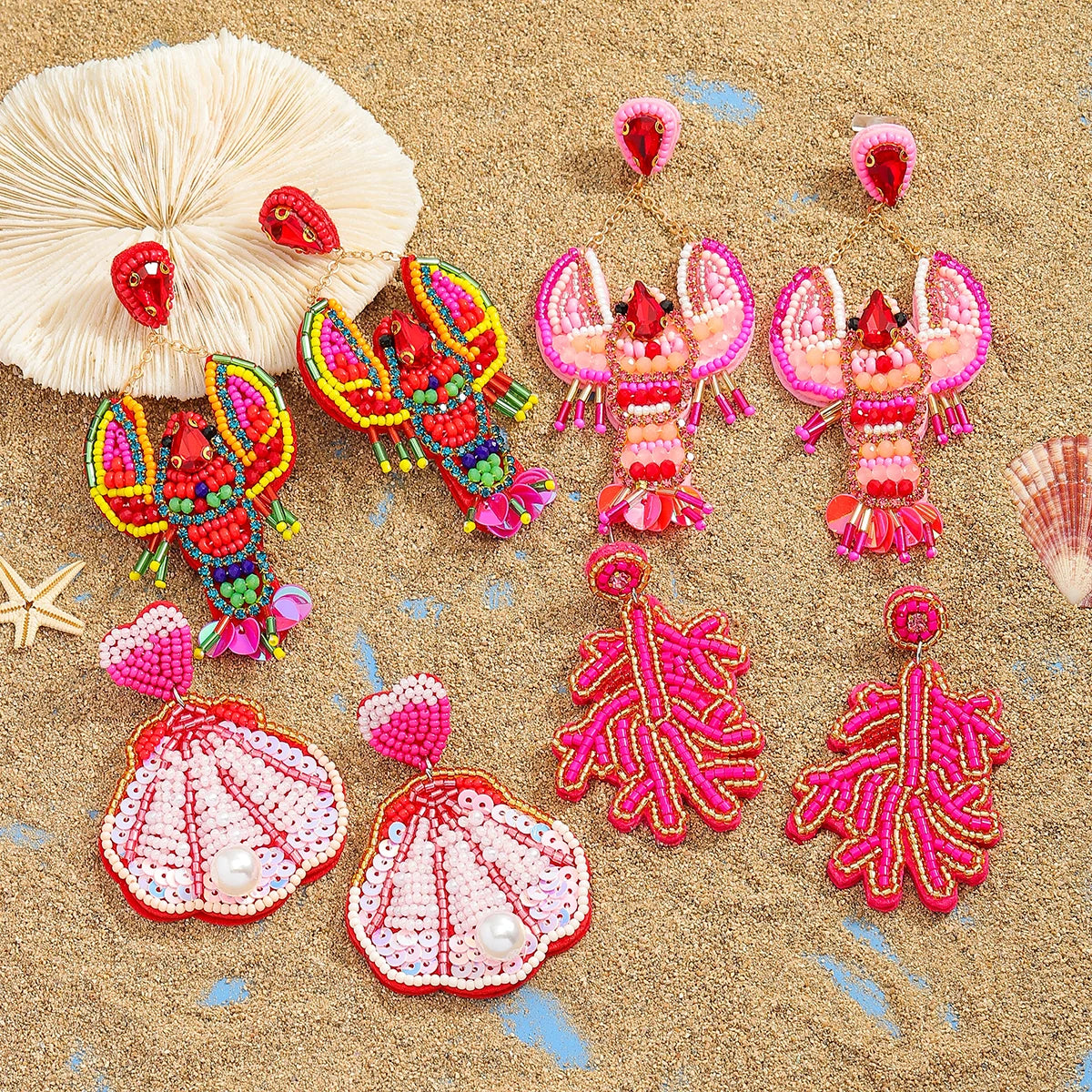 Sea Charm – Handmade Lobster & Coral Dangle Earrings with Beads, Pearls & Sequins