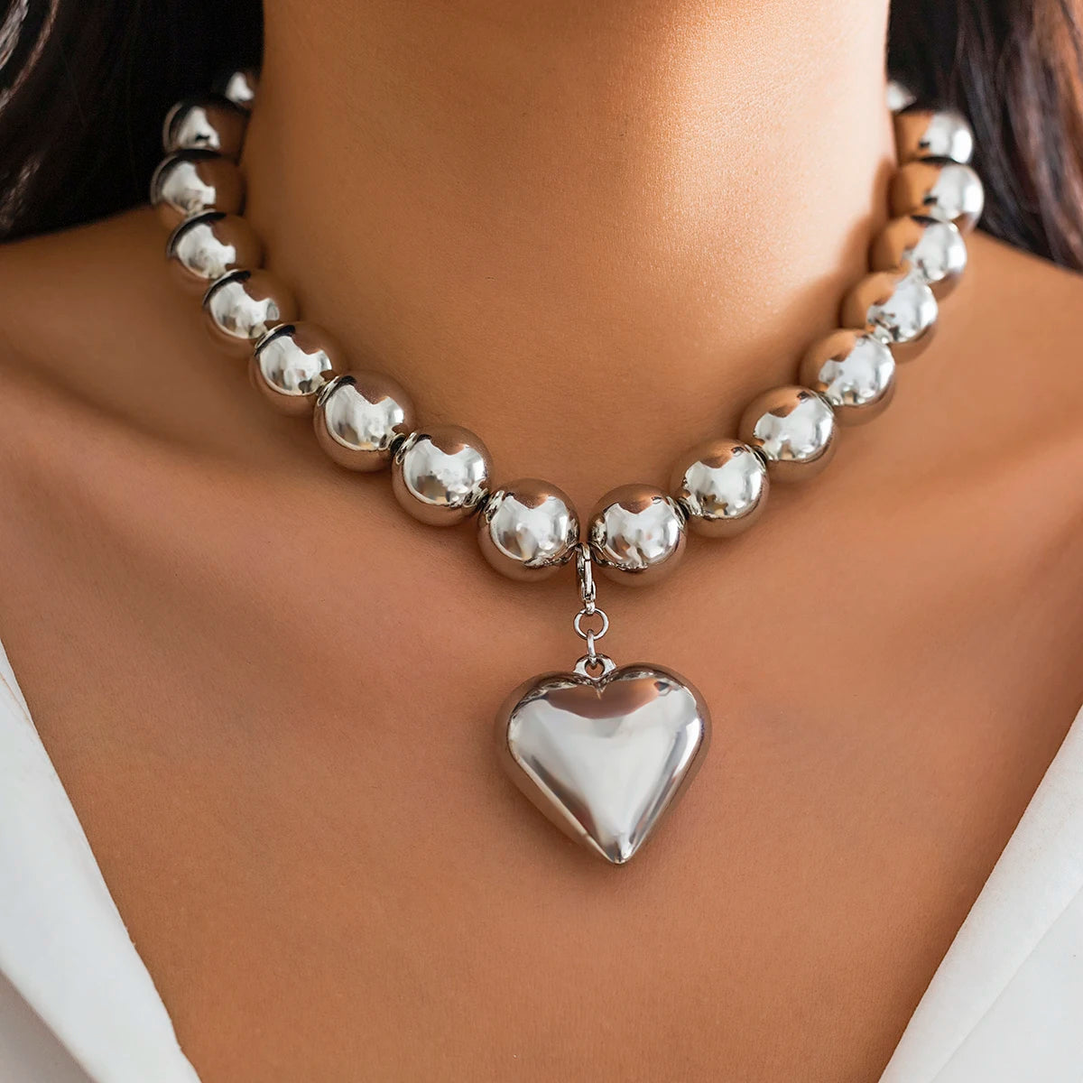 Trendy Heart-Shaped Beaded Chain Necklace