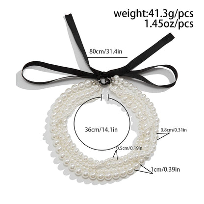 Multilayer Imitation Pearl Chain Necklace with Velvet Ribbon Bow