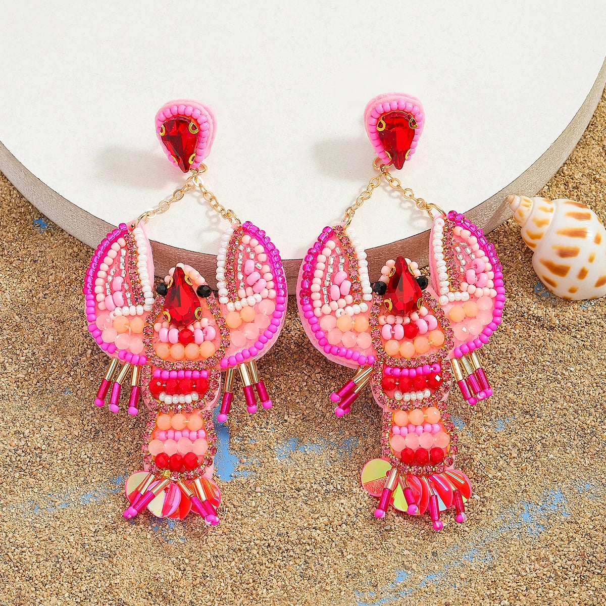 Sea Charm – Handmade Lobster & Coral Dangle Earrings with Beads, Pearls & Sequins