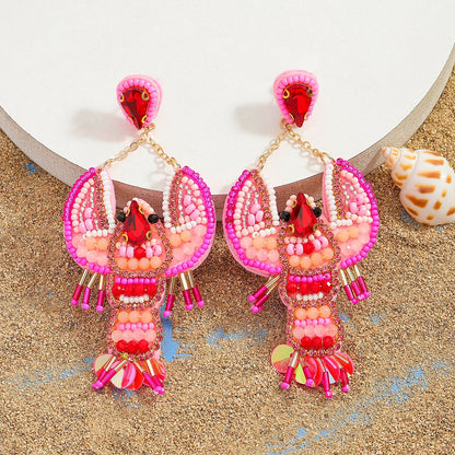 Sea Charm – Handmade Lobster & Coral Dangle Earrings with Beads, Pearls & Sequins