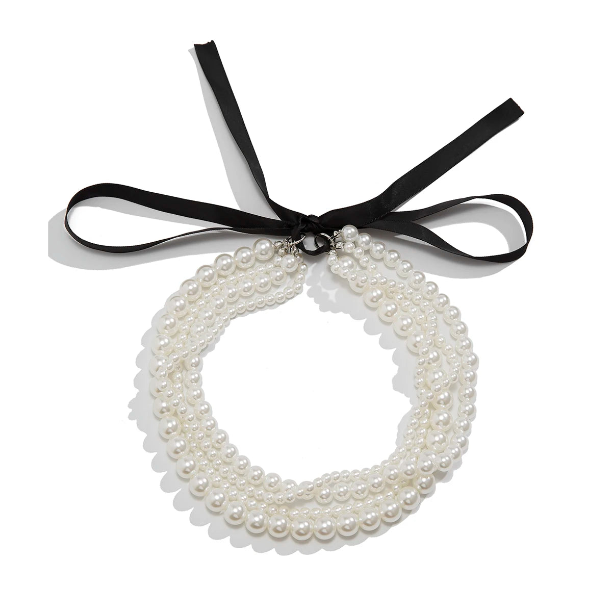 Multilayer Imitation Pearl Chain Necklace with Velvet Ribbon Bow