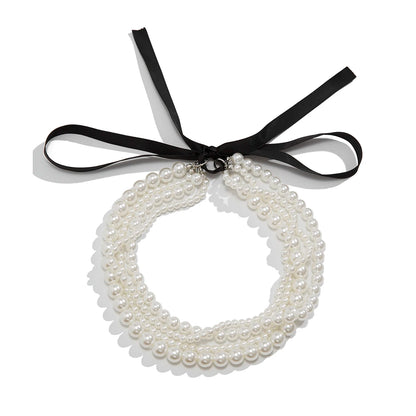Multilayer Imitation Pearl Chain Necklace with Velvet Ribbon Bow
