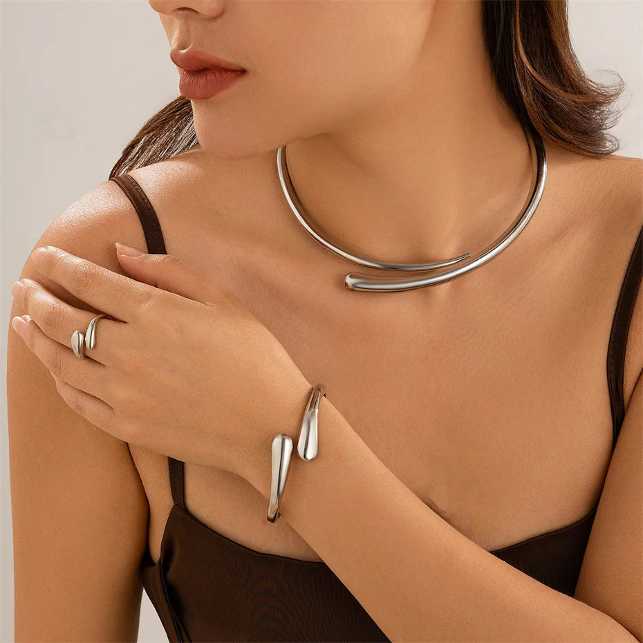 Water Drop Torque Choker & Open Cuff Bangle Set