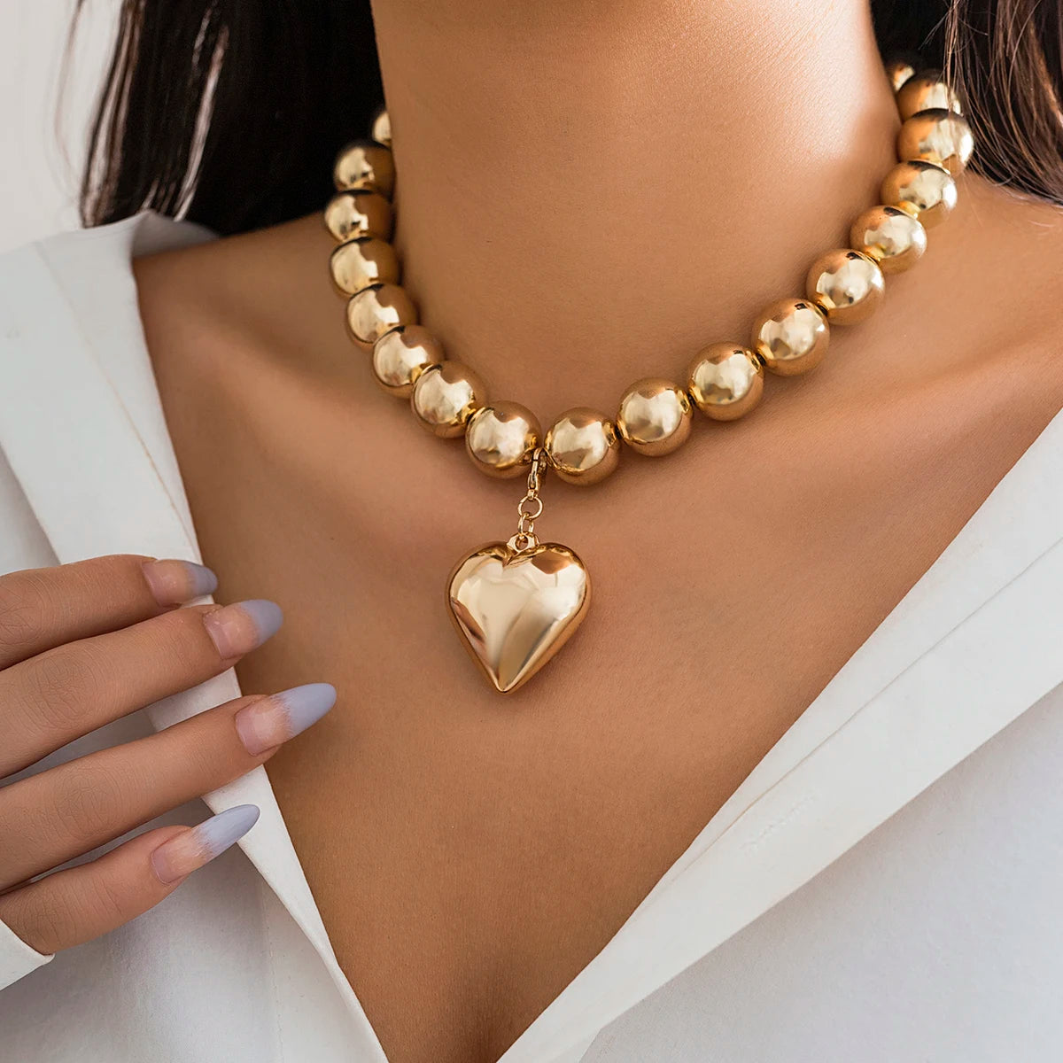 Trendy Heart-Shaped Beaded Chain Necklace
