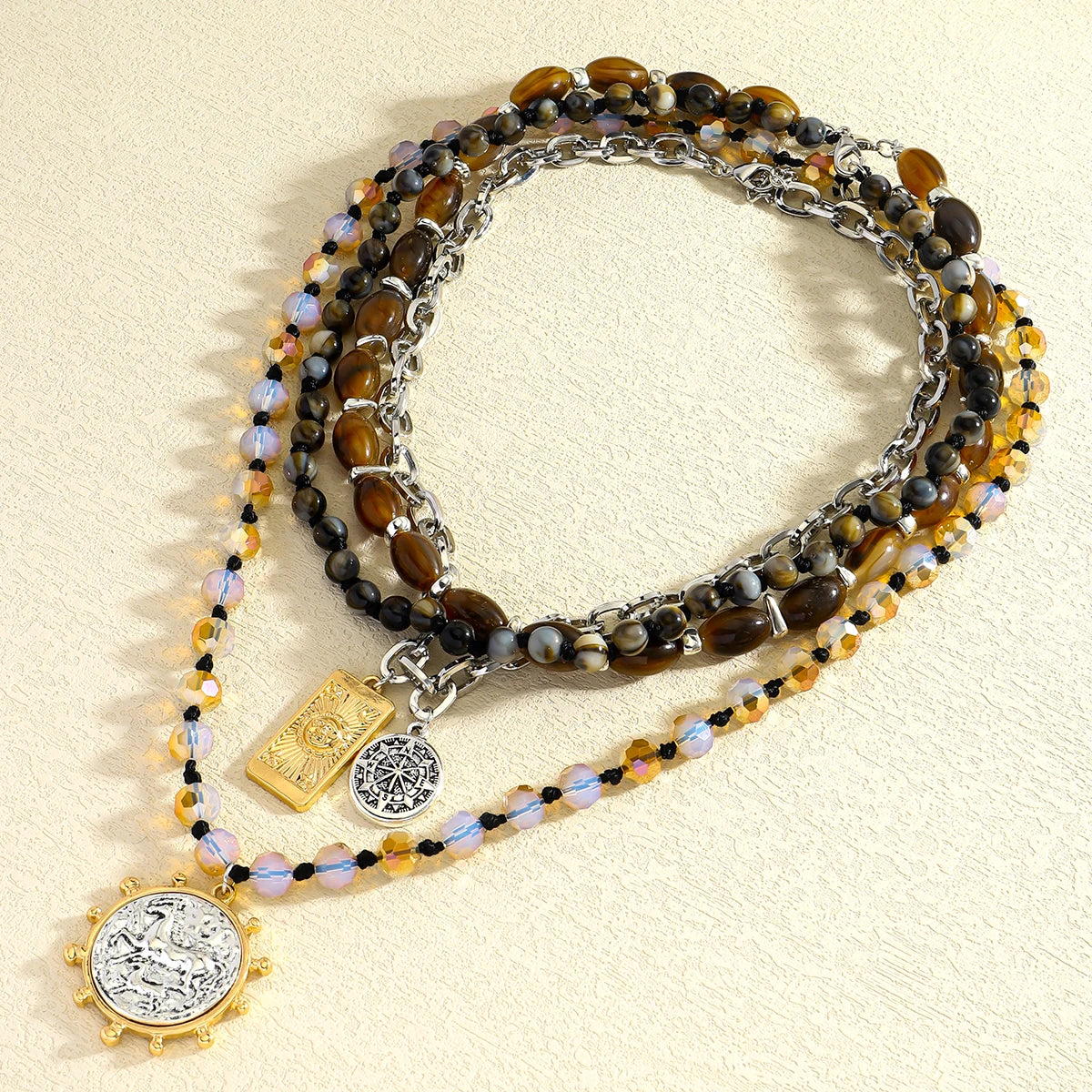 Multilayer Beads & Coin Pendant Necklace