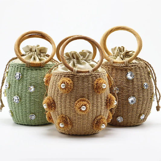 Handmade Rhinestone Crystal Straw Bucket Bag