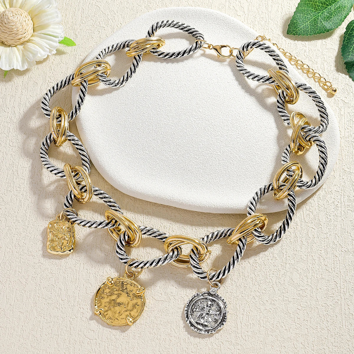 Dual Tone Coin Charm Necklace