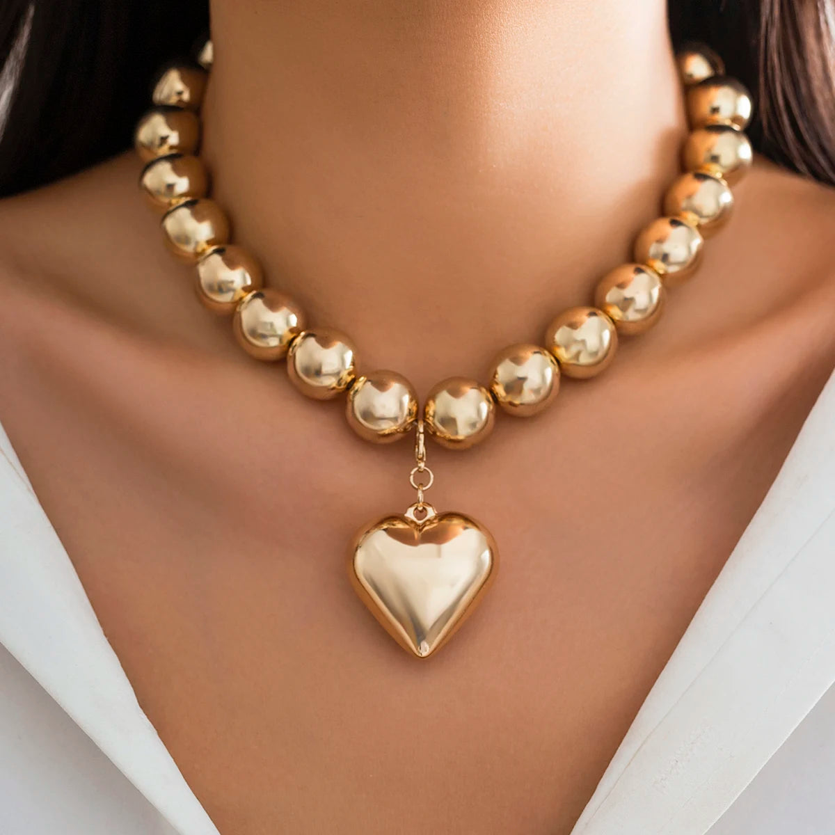 Trendy Heart-Shaped Beaded Chain Necklace