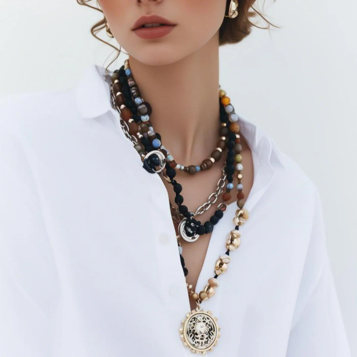 Multilayer Beads & Coin Pendant Necklace