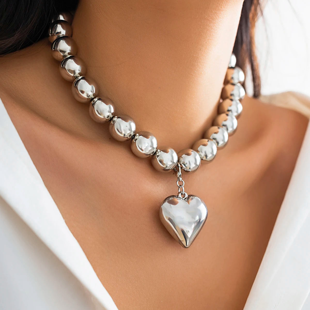 Trendy Heart-Shaped Beaded Chain Necklace