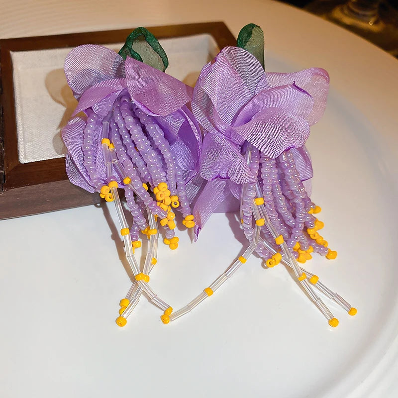 Bohemian Big White & Pink Flower Earrings