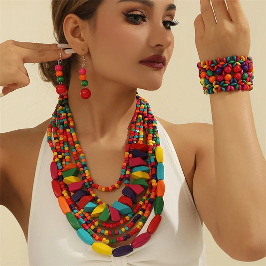 Boho Multilayer Wood Necklace & Earrings Set – Colorful Beads Jewelry