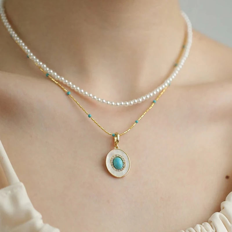 Turquoise Shell Pendant Gold Chain Necklace