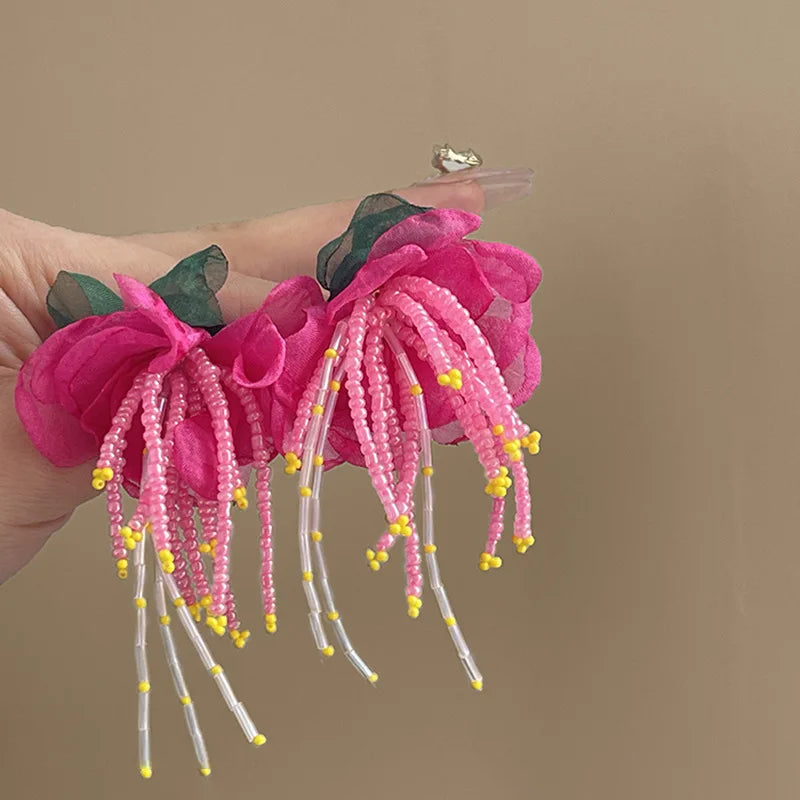 Bohemian Big White & Pink Flower Earrings