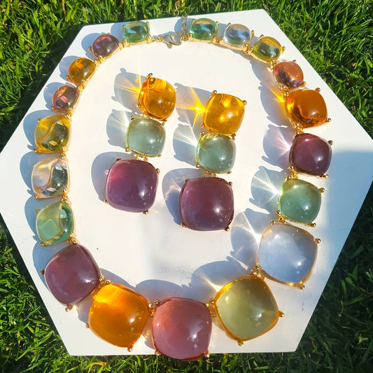 Colorful Resin Square Earrings & Necklace Set