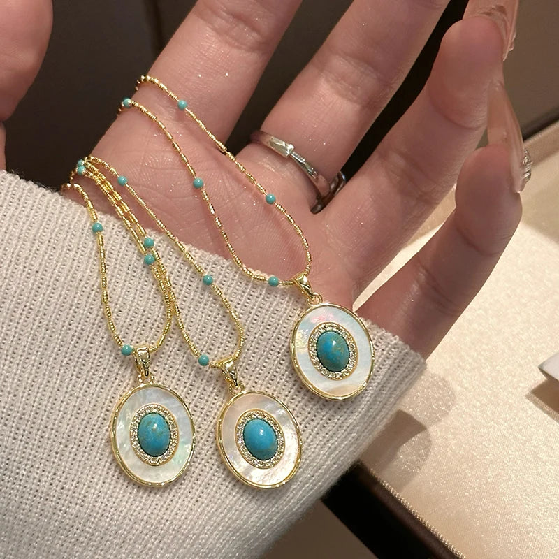 Turquoise Shell Pendant Gold Chain Necklace
