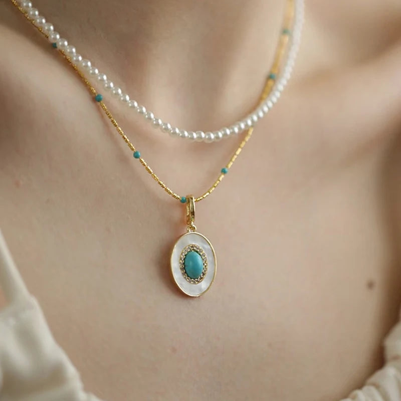 Turquoise Shell Pendant Gold Chain Necklace