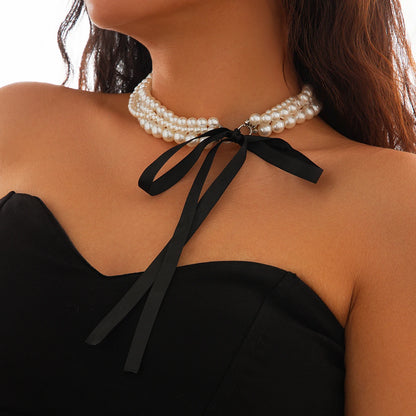 Multilayer Imitation Pearl Chain Necklace with Velvet Ribbon Bow