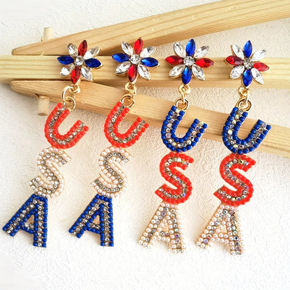 Stars & Stripes Bloom – Zircon & Rice Bead Dangle Earrings