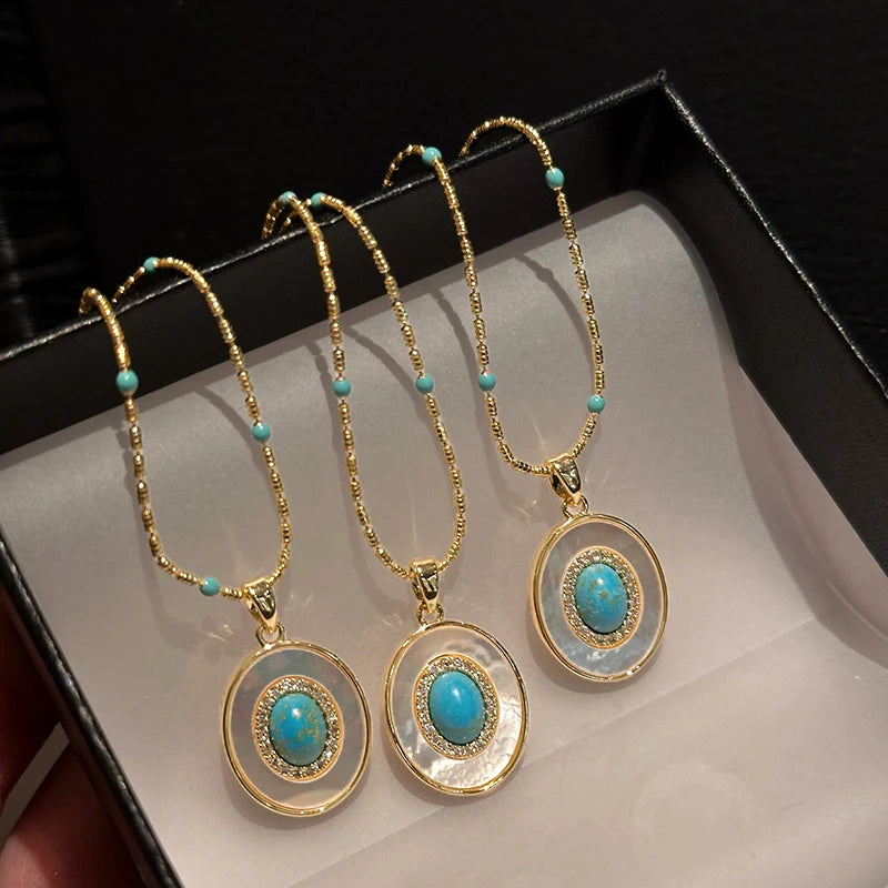 Turquoise Shell Pendant Gold Chain Necklace