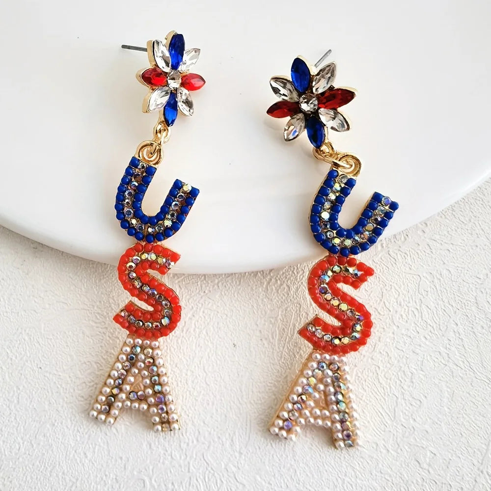 Stars & Stripes Bloom – Zircon & Rice Bead Dangle Earrings