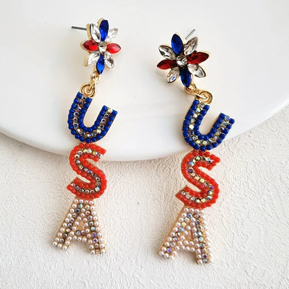 Stars & Stripes Bloom – Zircon & Rice Bead Dangle Earrings