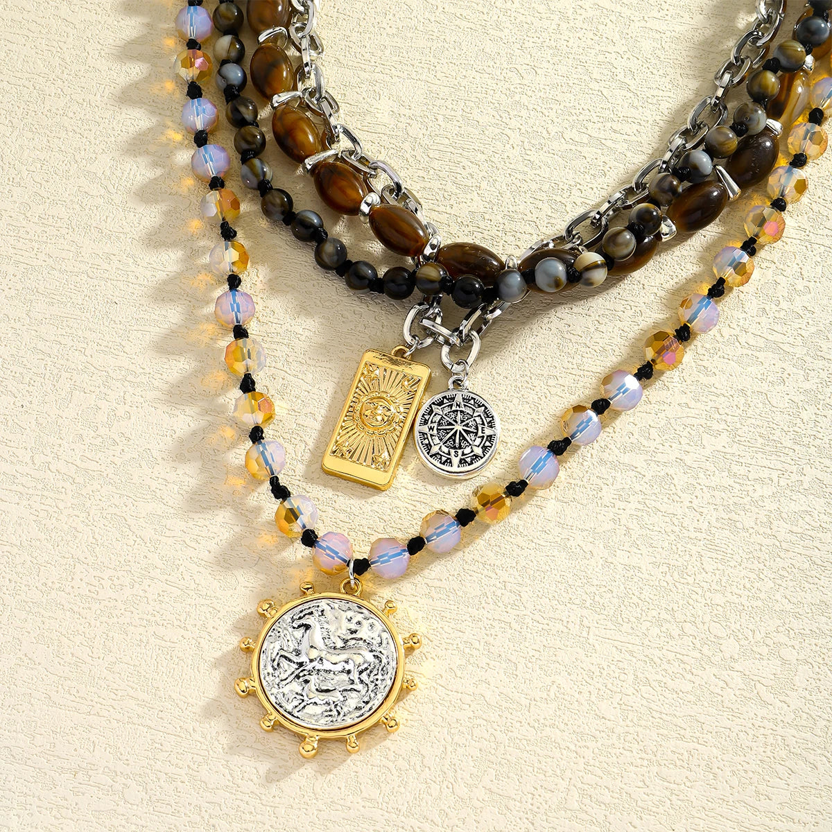 Multilayer Beads & Coin Pendant Necklace