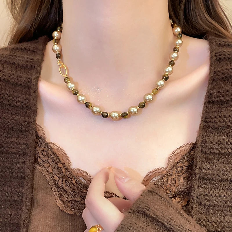 Natural Tiger’s-Eye Pearl Bead Necklace