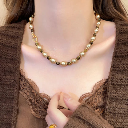Natural Tiger’s-Eye Pearl Bead Necklace