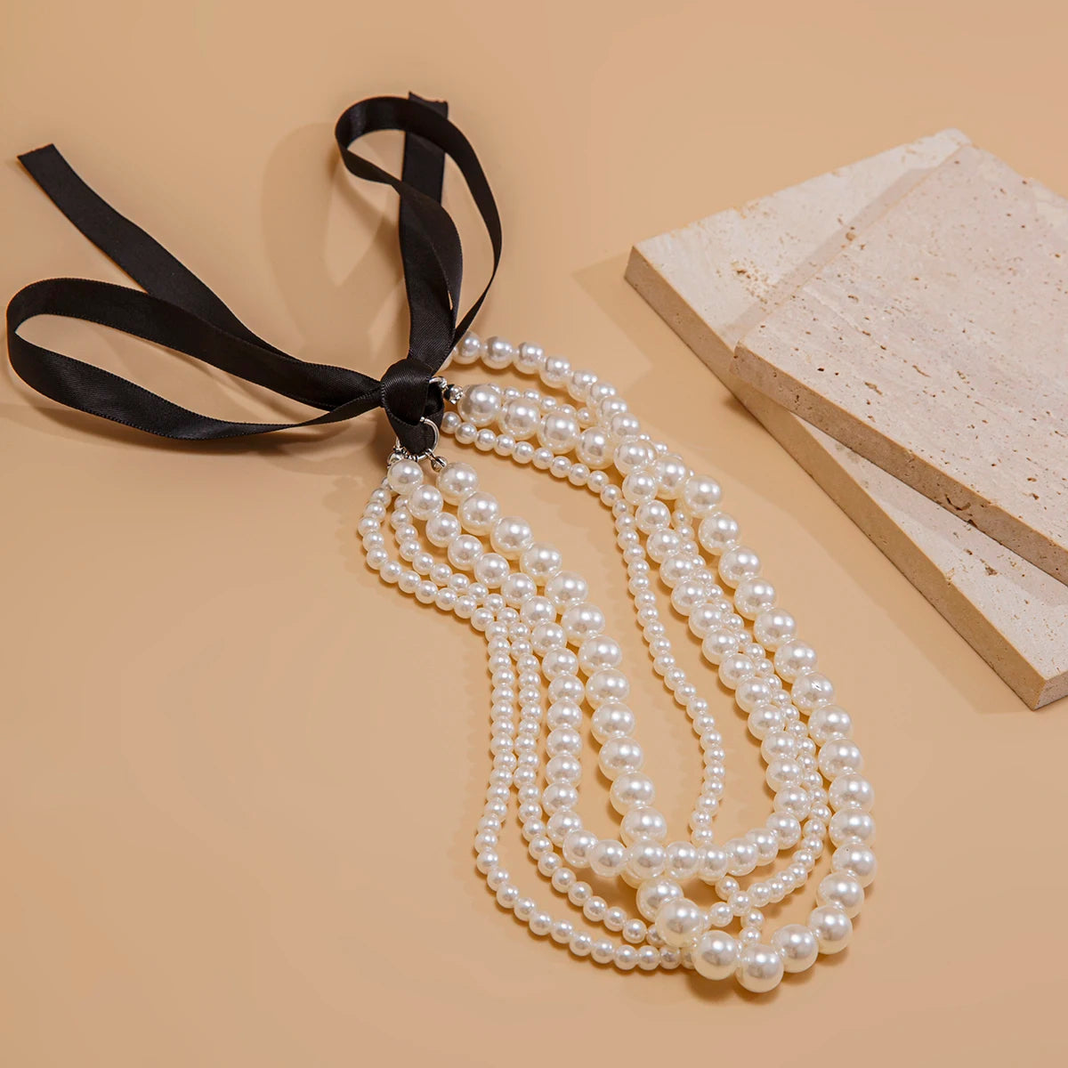 Multilayer Imitation Pearl Chain Necklace with Velvet Ribbon Bow