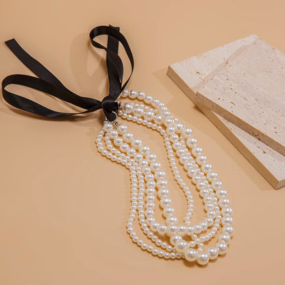 Multilayer Imitation Pearl Chain Necklace with Velvet Ribbon Bow