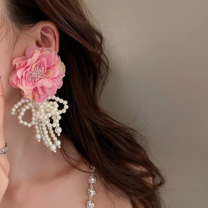 Bohemian Big White & Pink Flower Earrings