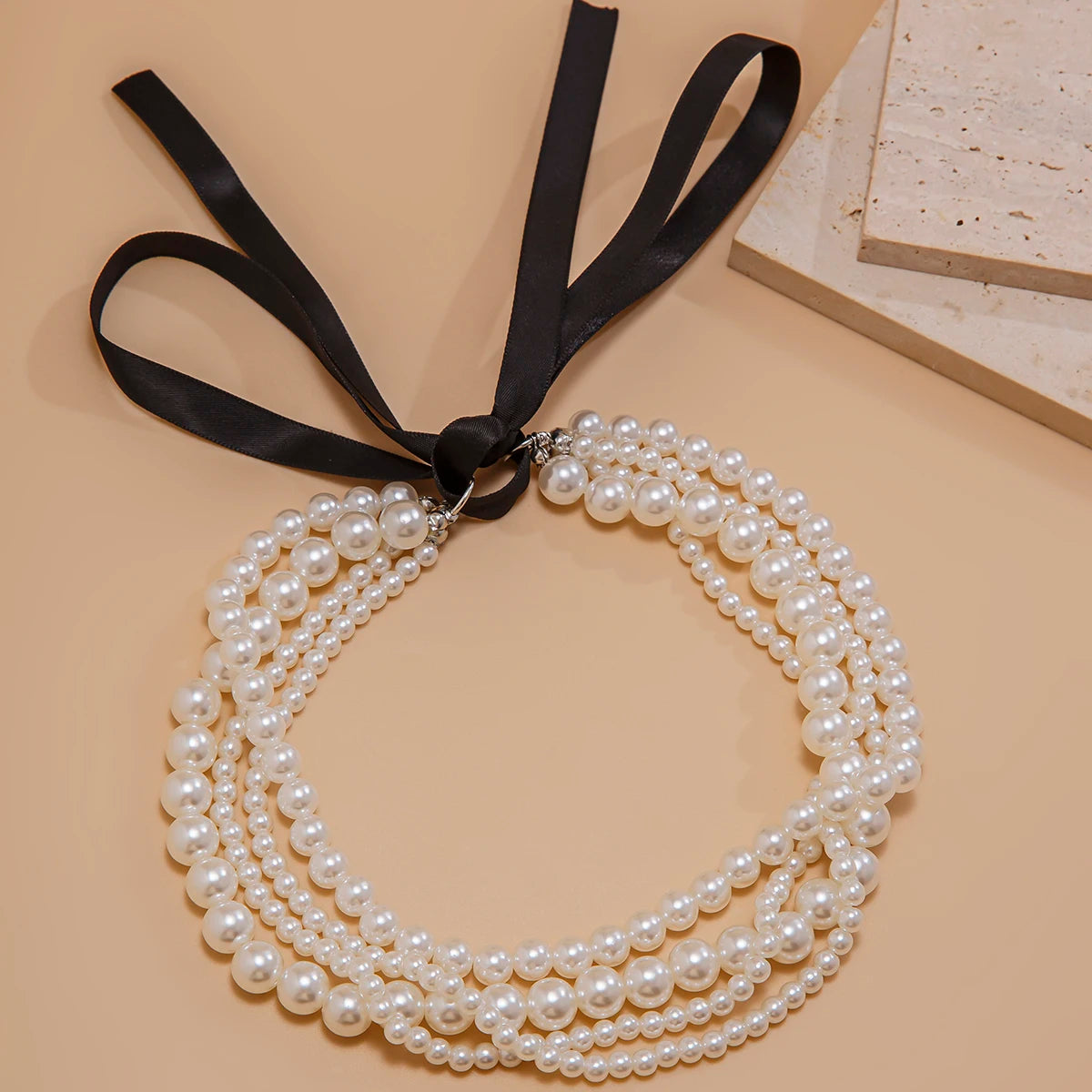 Multilayer Imitation Pearl Chain Necklace with Velvet Ribbon Bow
