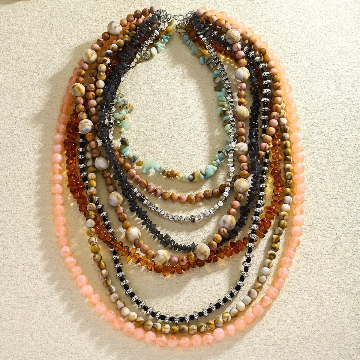 Bohemian Beaded Necklace, Multilayer Handmade Design